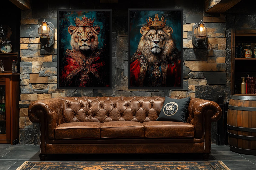 Lion King And Queen Victorian Portrait Set of 2 Wall Art