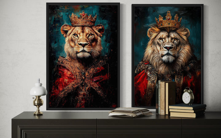 Lion King And Queen Victorian Portrait Set of 2 Wall Art
