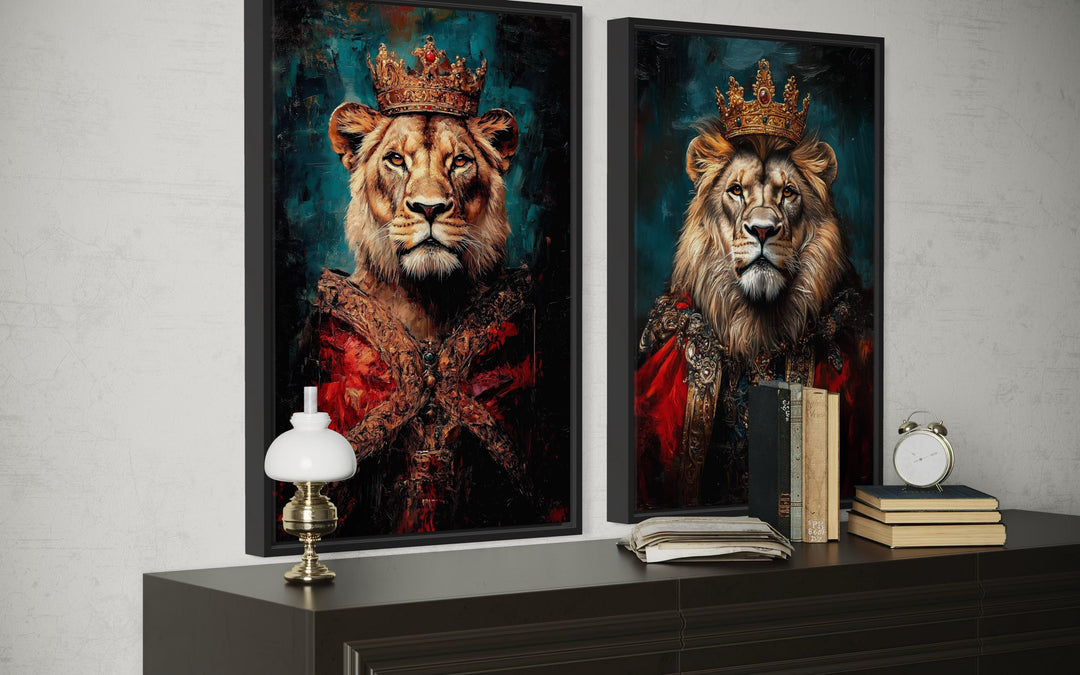 Lion King And Queen Victorian Portrait Set of 2 Wall Art