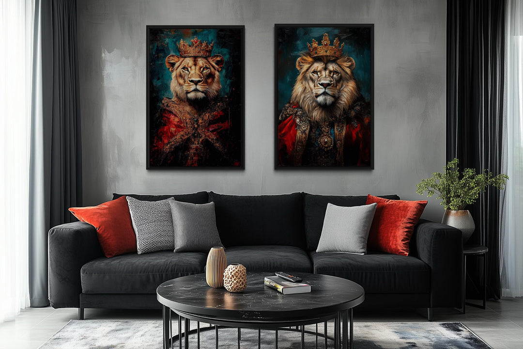 Lion King And Queen Victorian Portrait Set of 2 Wall Art
