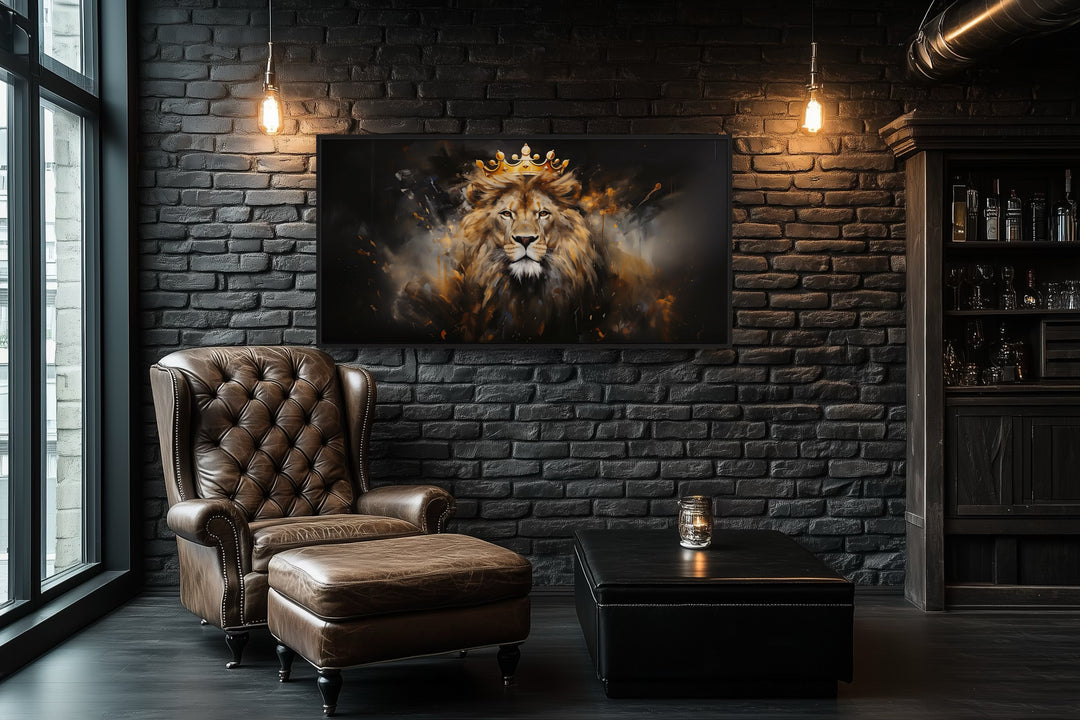 Lion King Wall Art – Regal Lion Canvas Print With Gold Crown For Men's Room Decor
