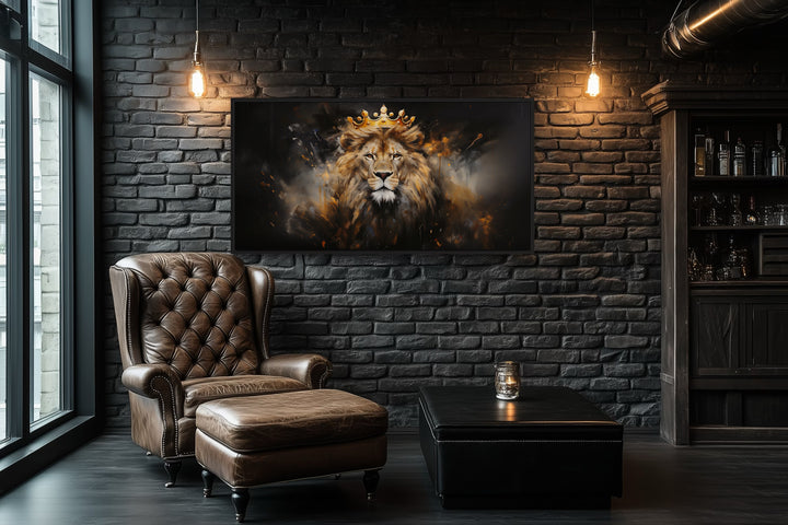 Lion King Wall Art – Regal Lion Canvas Print With Gold Crown For Men's Room Decor