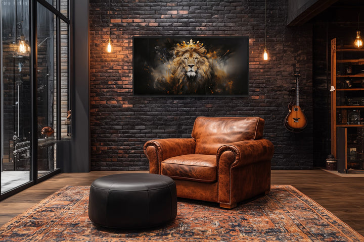 Lion King Wall Art – Regal Lion Canvas Print With Gold Crown For Men's Room Decor