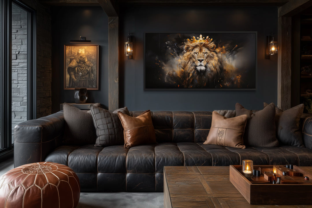 Lion King Wall Art – Regal Lion Canvas Print With Gold Crown For Men's Room Decor