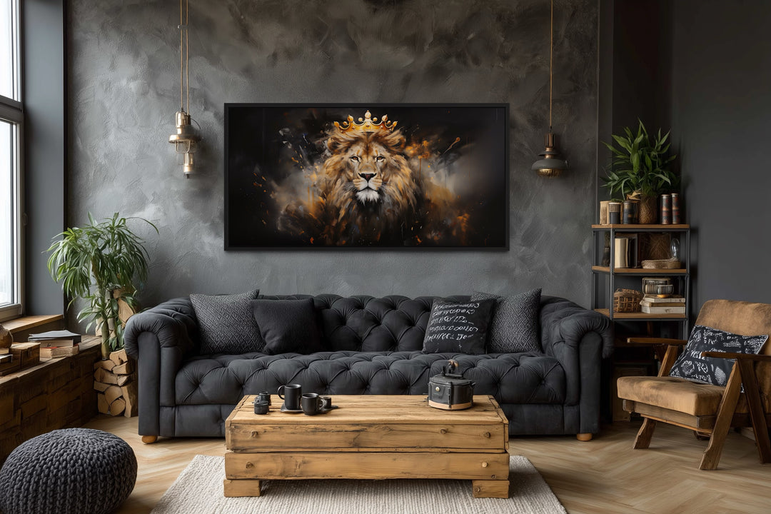 Lion King Wall Art – Regal Lion Canvas Print With Gold Crown For Men's Room Decor