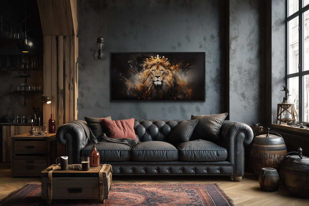 Lion King Wall Art – Regal Lion Canvas Print With Gold Crown For Men's Room Decor