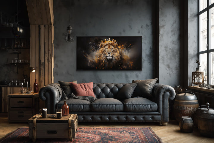 Lion King Wall Art – Regal Lion Canvas Print With Gold Crown For Men's Room Decor