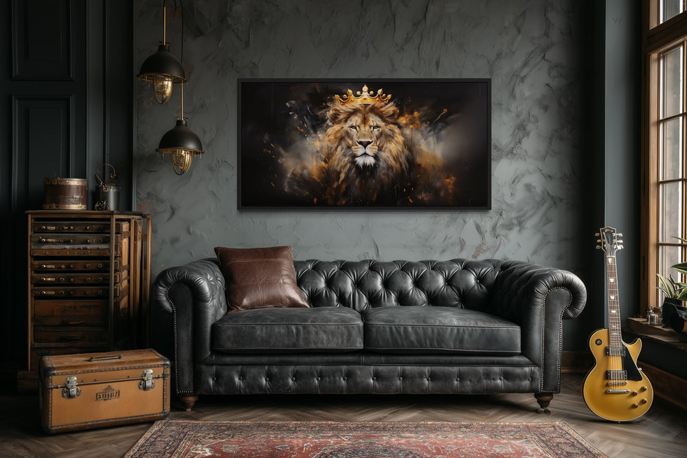 Lion King Wall Art – Regal Lion Canvas Print With Gold Crown For Men's Room Decor