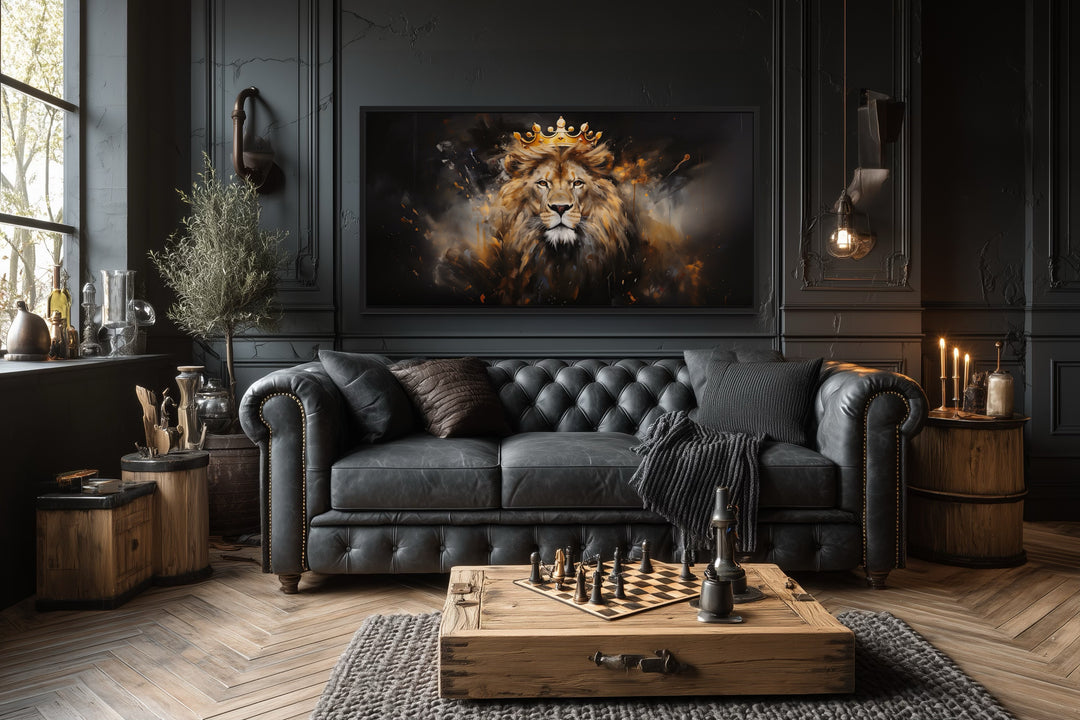 Lion King Wall Art – Regal Lion Canvas Print With Gold Crown For Men's Room Decor
