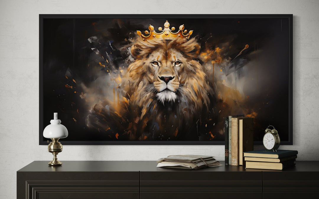 Lion King Wall Art – Regal Lion Canvas Print With Gold Crown For Men's Room Decor