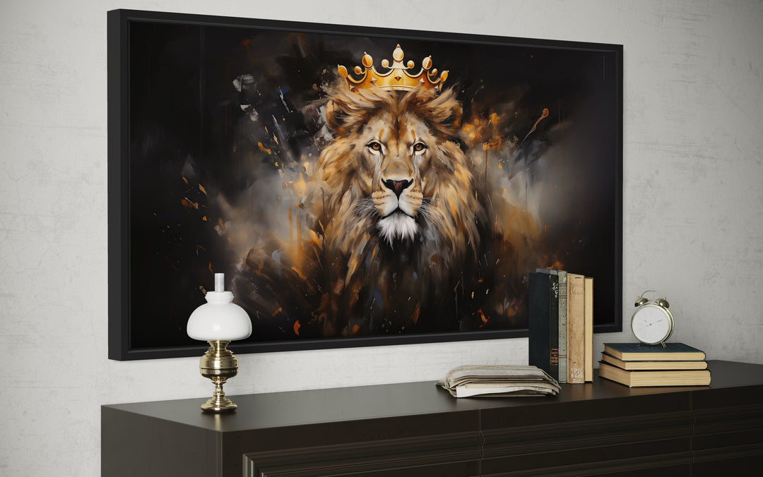 Lion King Wall Art – Regal Lion Canvas Print With Gold Crown For Men's Room Decor
