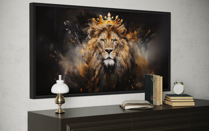 Lion King Wall Art – Regal Lion Canvas Print With Gold Crown For Men's Room Decor