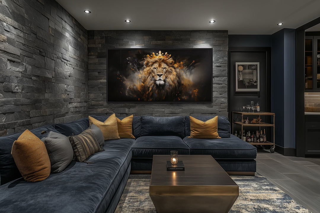 Lion King Wall Art – Regal Lion Canvas Print With Gold Crown For Men's Room Decor