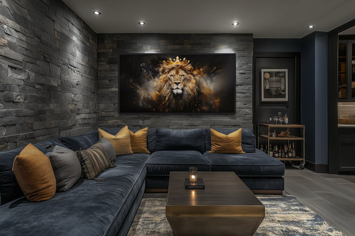 Lion King Wall Art – Regal Lion Canvas Print With Gold Crown For Men's Room Decor