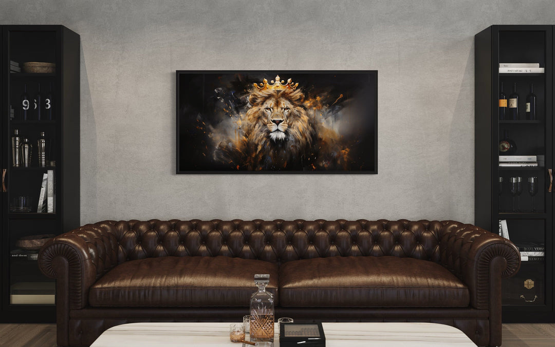 Lion King Wall Art – Regal Lion Canvas Print With Gold Crown For Men's Room Decor