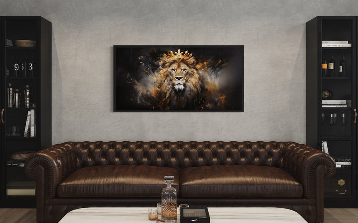 Lion King Wall Art – Regal Lion Canvas Print With Gold Crown For Men's Room Decor