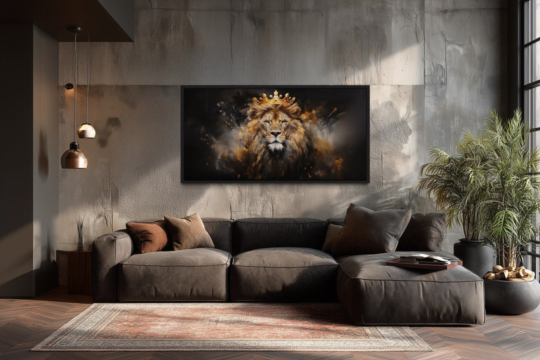 Lion King Wall Art – Regal Lion Canvas Print With Gold Crown For Men's Room Decor