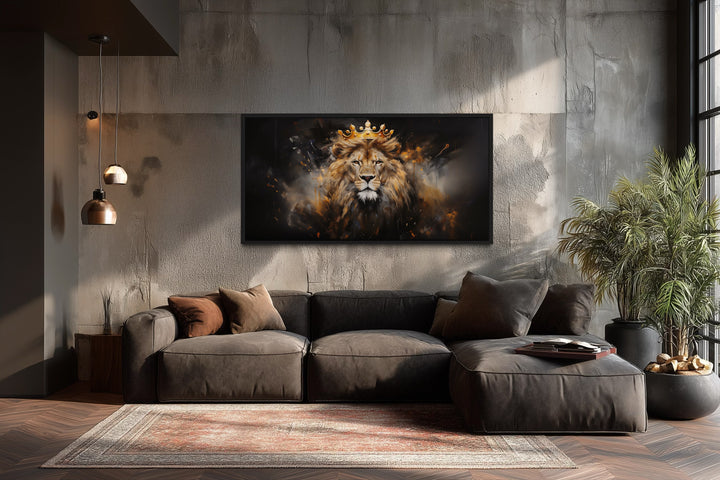 Lion King Wall Art – Regal Lion Canvas Print With Gold Crown For Men's Room Decor
