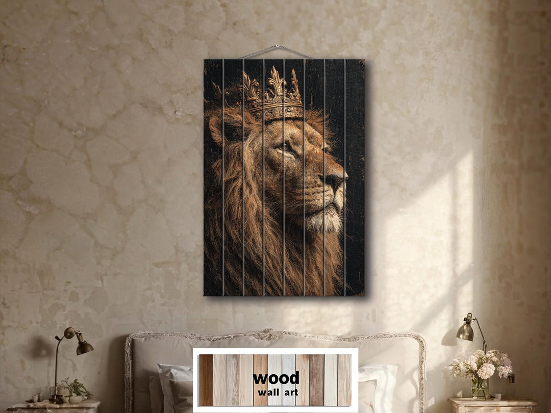 A regal lion wearing a crown is depicted on vertical wood planks in this distressed wall art piece.