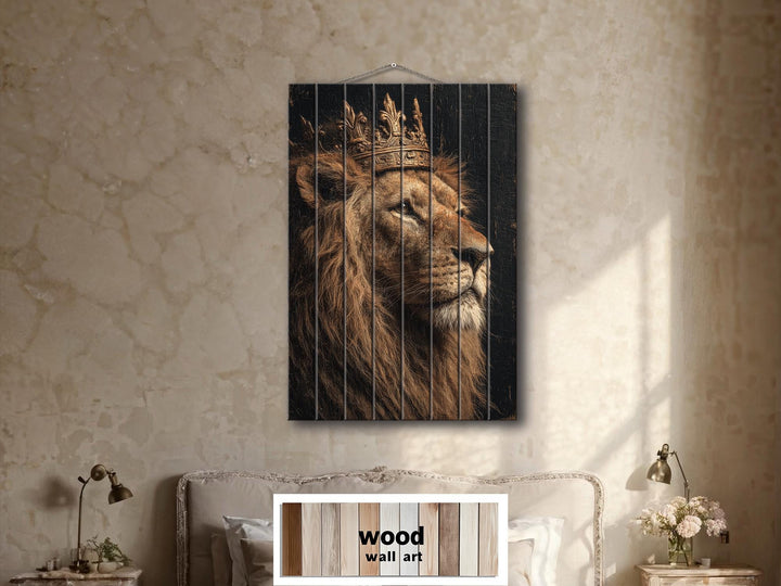 A regal lion wearing a crown is depicted on vertical wood planks in this distressed wall art piece.