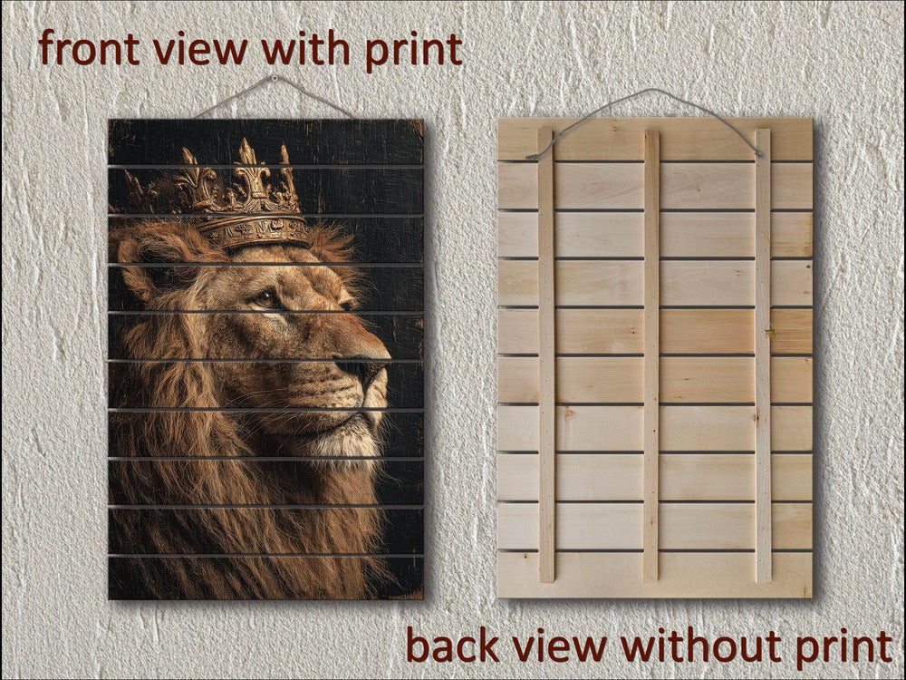 Lion king with crown printed on vertical wood planks, shown from front and back views.