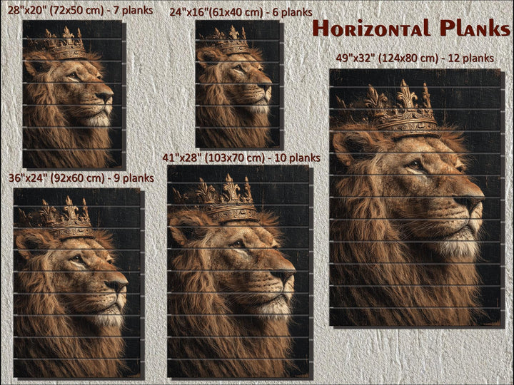Lion king with crown portrait printed on horizontal wood planks in various sizes for wall decor.