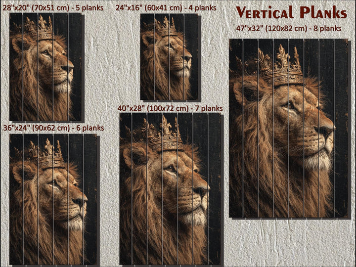 Distressed wood wall art featuring a regal lion wearing a crown, available in five vertical sizes.