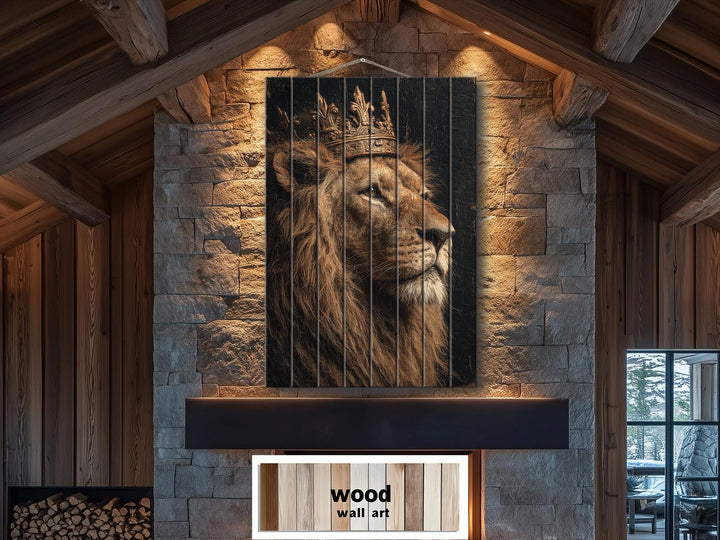A vertical wood plank wall art piece featuring a regal lion wearing a crown in a rustic stone room.