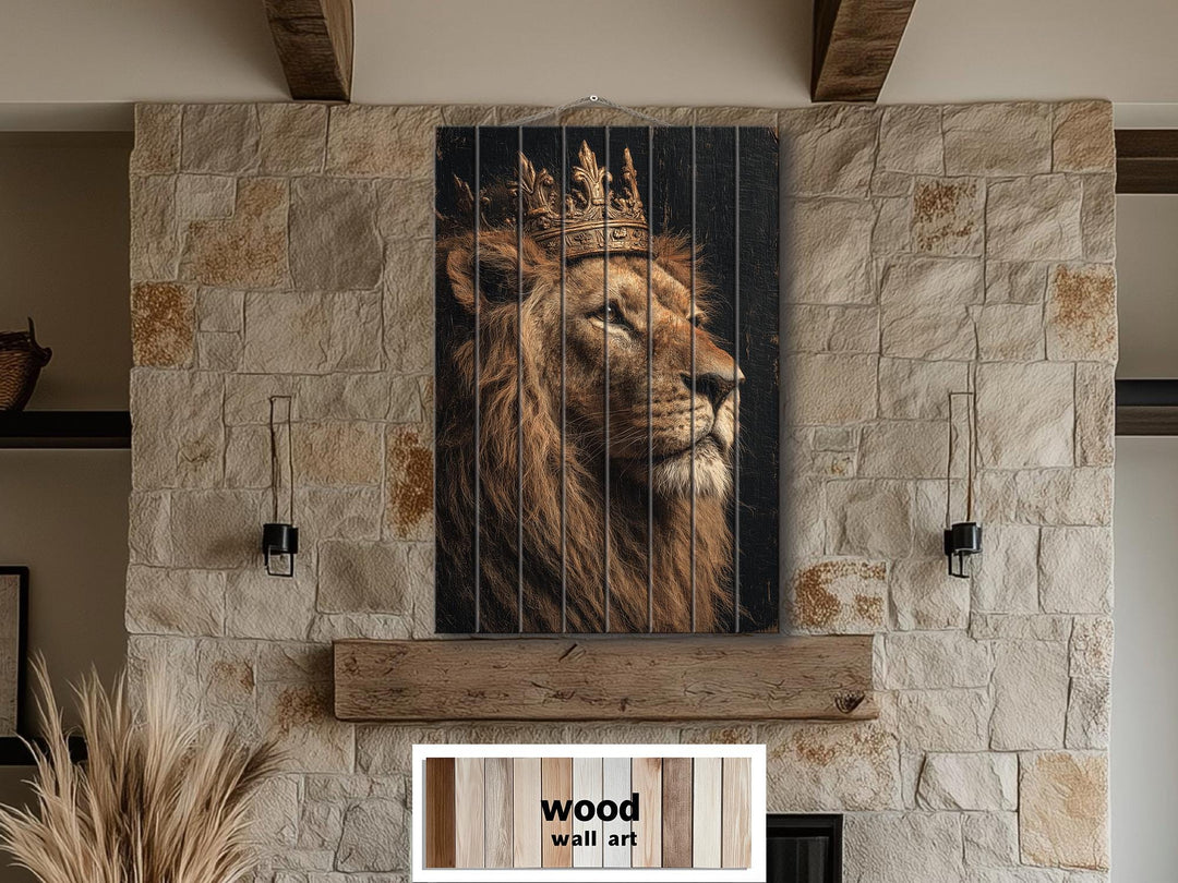 A regal lion wearing a crown is printed on vertical wood planks for a rustic wall art piece.