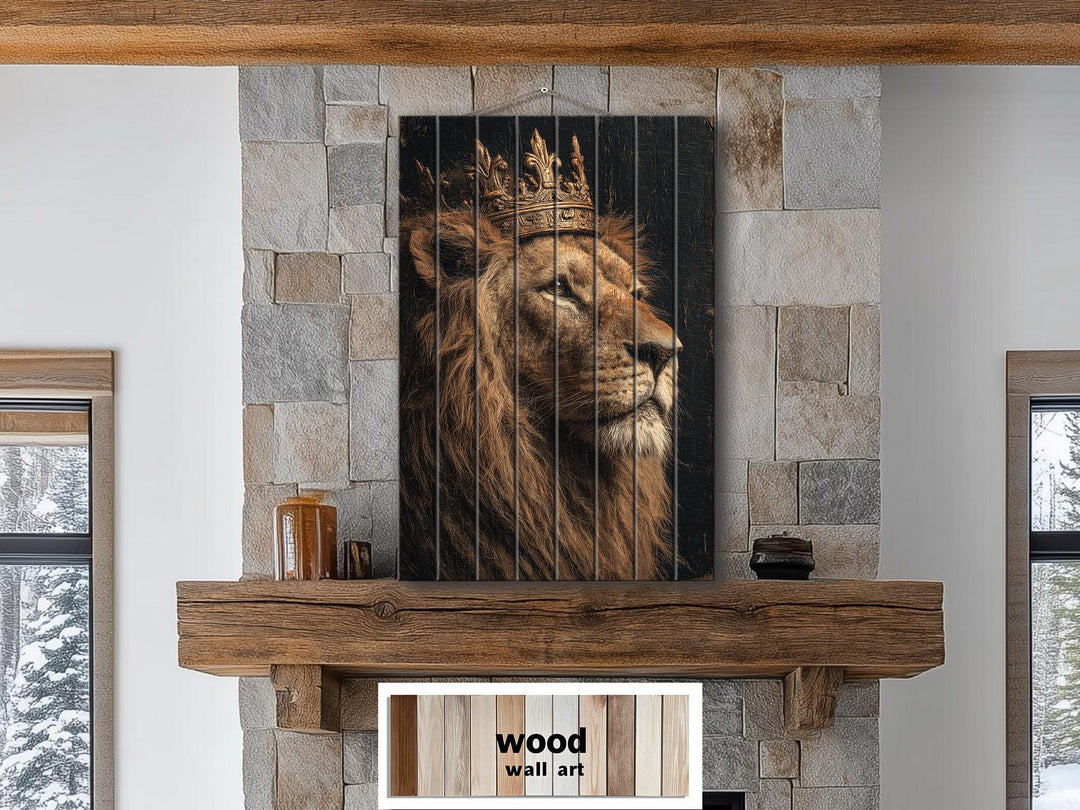 A vertical wood plank wall art piece featuring a regal lion wearing a crown in a distressed style.