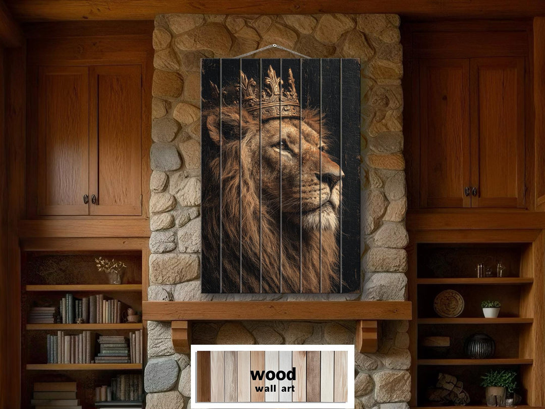 A regal lion wearing a crown is depicted on vertical wood planks in this distressed wall art.