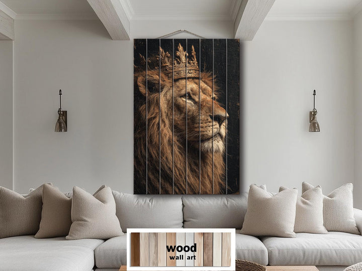 Lion King with crown portrait printed on vertical wood planks hanging above a modern sofa.