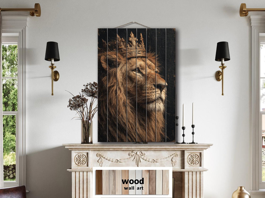 Distressed wood wall art featuring a regal lion wearing a crown, displayed above a fireplace.