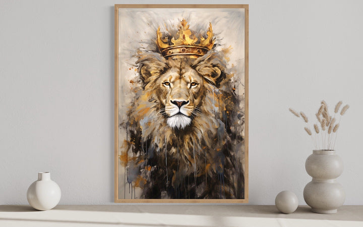 Lion King With Crown Framed Canvas Wall Art For Man Cave