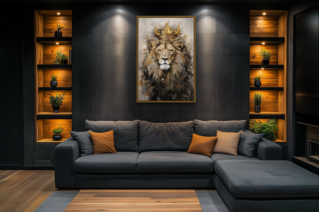 Lion King With Crown Framed Canvas Wall Art For Man Cave