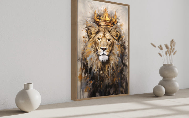 Lion King With Crown Framed Canvas Wall Art For Man Cave