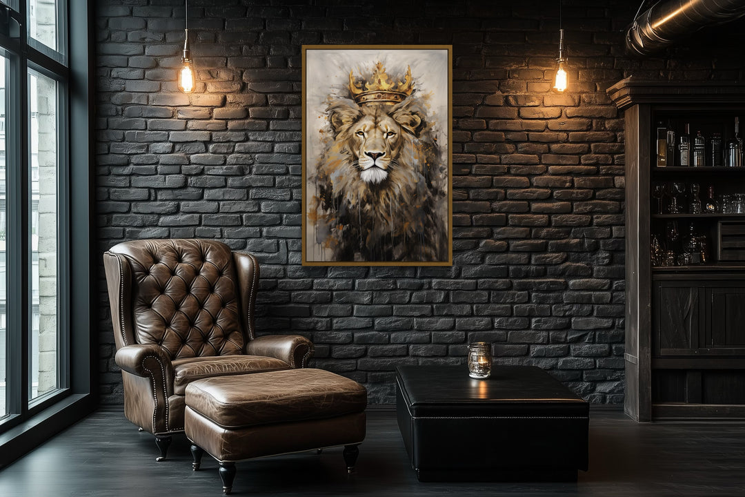 Lion King With Crown Framed Canvas Wall Art For Man Cave