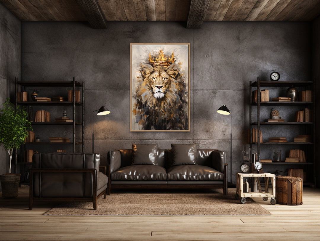 Lion King With Crown Framed Canvas Wall Art For Man Cave