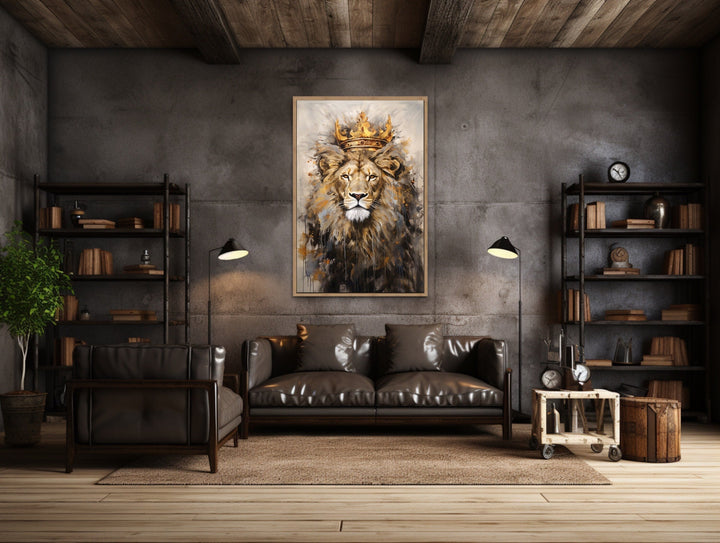 Lion King With Crown Framed Canvas Wall Art For Man Cave