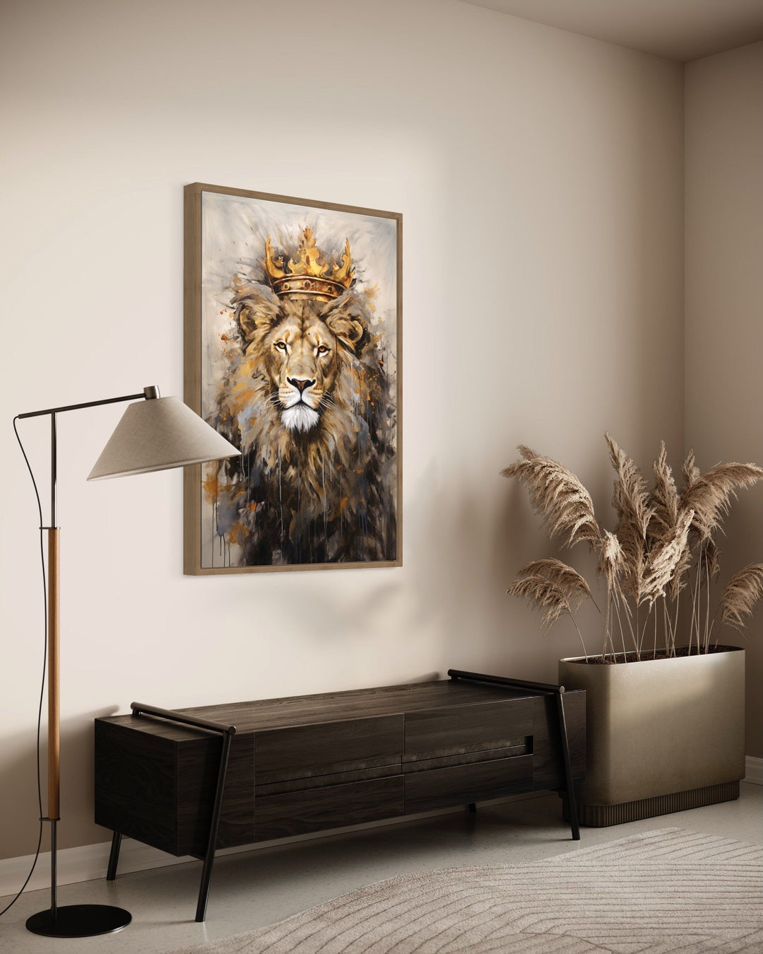 Lion King With Crown Framed Canvas Wall Art For Man Cave