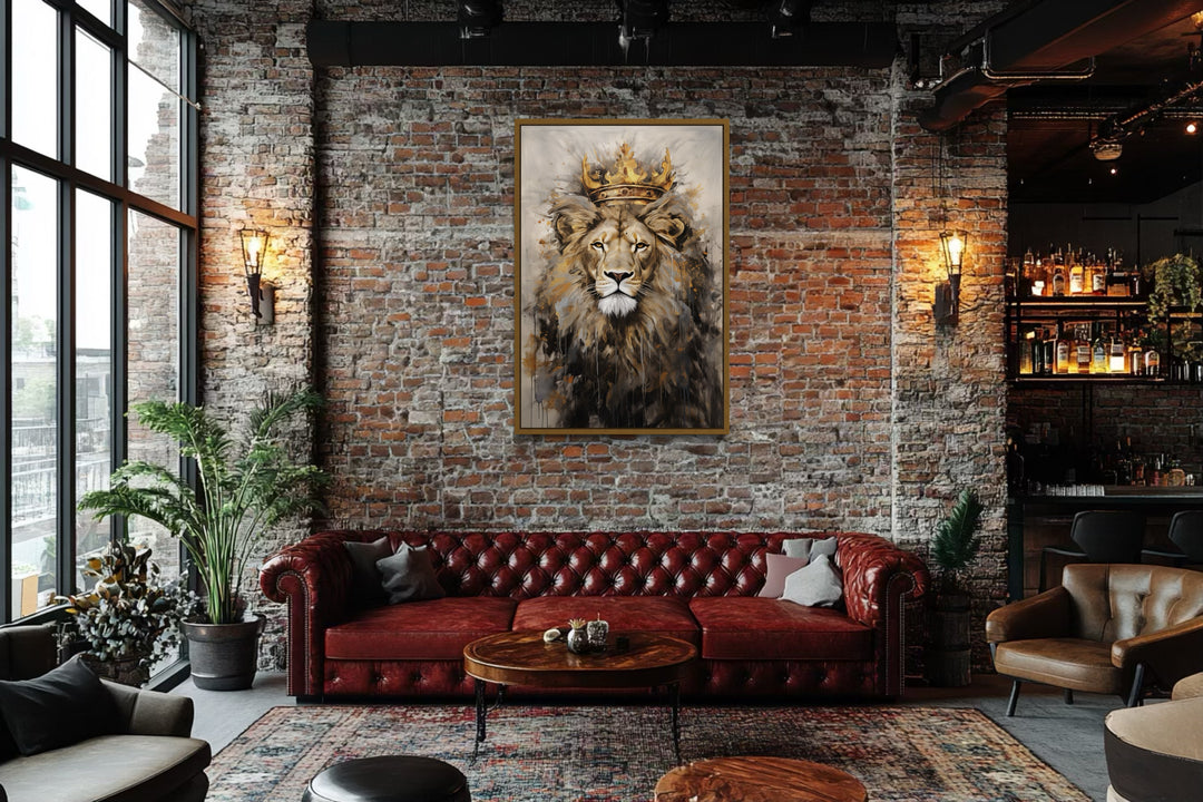 Lion King With Crown Framed Canvas Wall Art For Man Cave