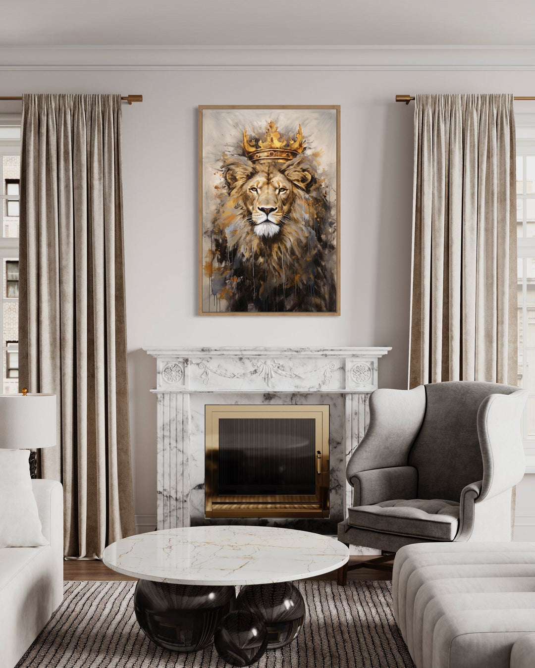 Lion King with Crown framed canvas wall art hanging above a marble fireplace in a living room.