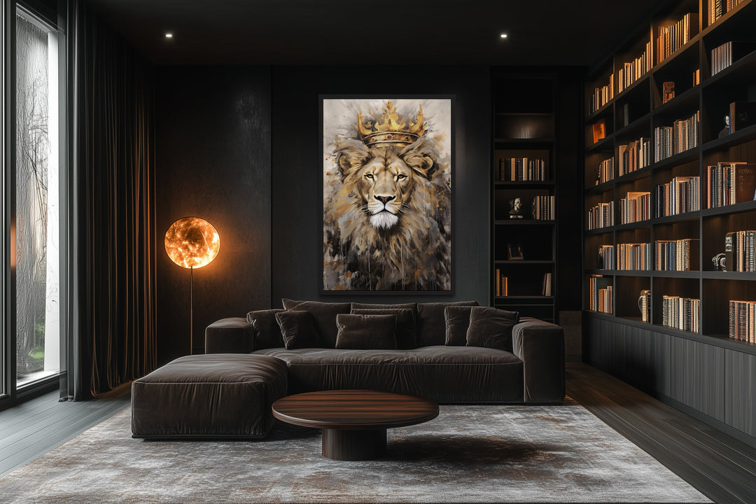 Framed canvas wall art of a lion wearing a golden crown in a dark, modern living room setting.
