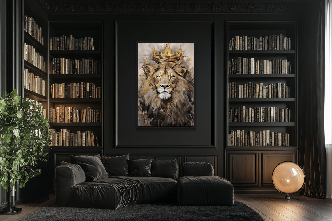 Lion King with crown framed canvas wall art centered in a dark, modern library with a black sofa.