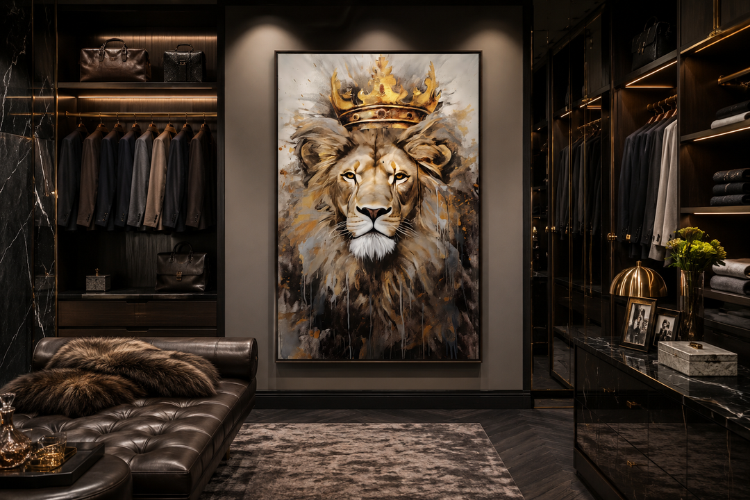 Framed canvas wall art of a lion wearing a golden crown, displayed in a dark walk-in closet.