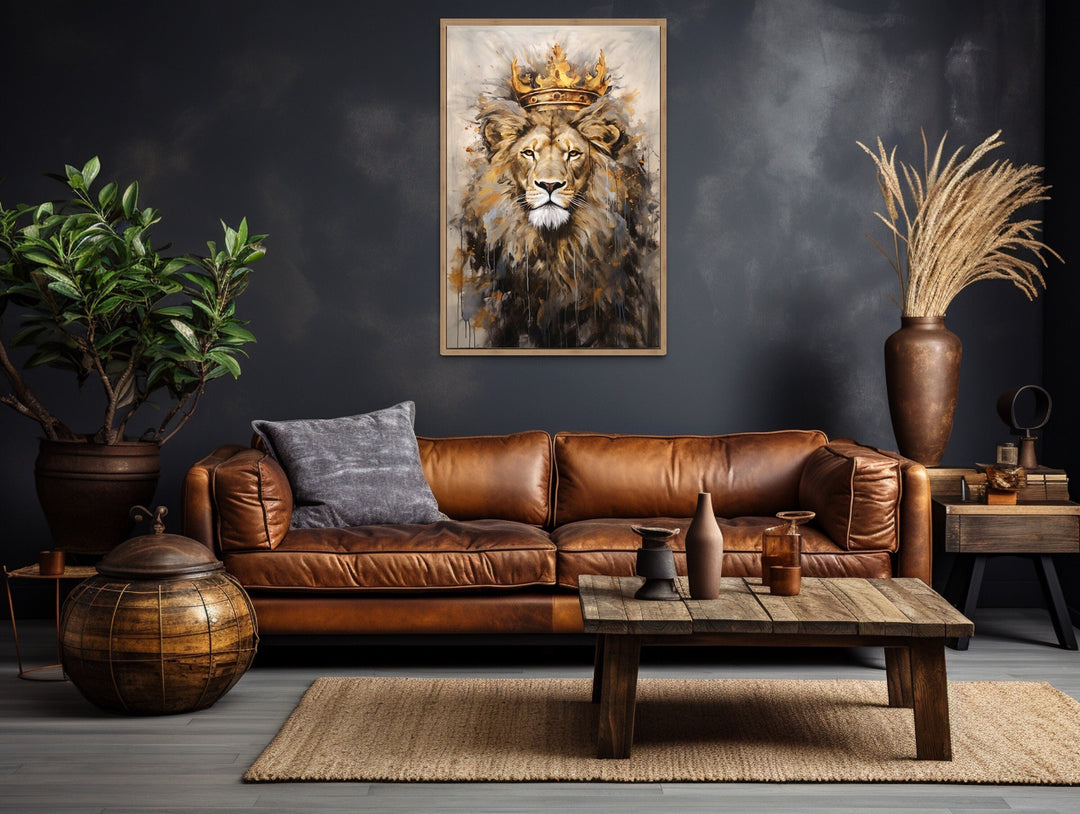 Lion King With Crown Framed Canvas Wall Art For Man Cave