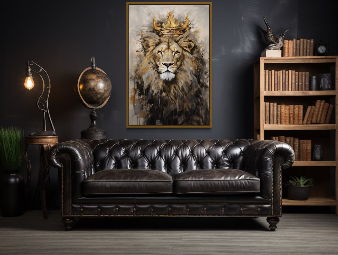 Lion King With Crown Framed Canvas Wall Art For Man Cave