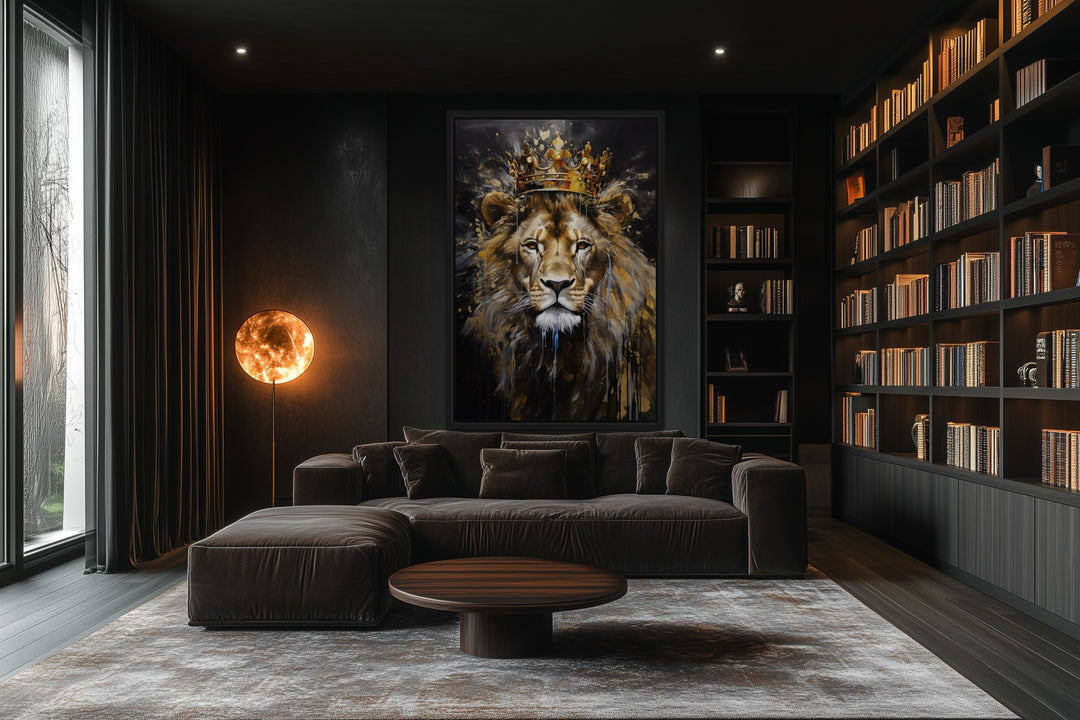Lion King with Crown framed canvas wall art displayed in a dark, modern man cave living room.