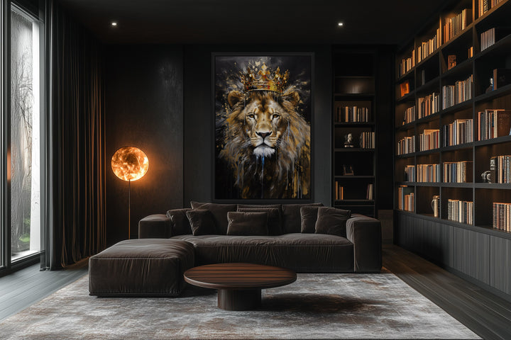 Lion King with Crown framed canvas wall art displayed in a dark, modern man cave living room.