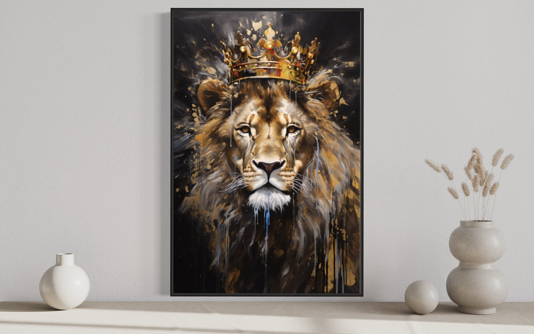 Lion King With Crown Man Cave Framed Canvas Wall Art